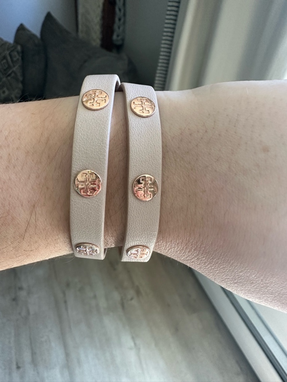 Tory Burch Blush Taupe Double Wrap Leather Bracelet with Rose Gold Logo Studs